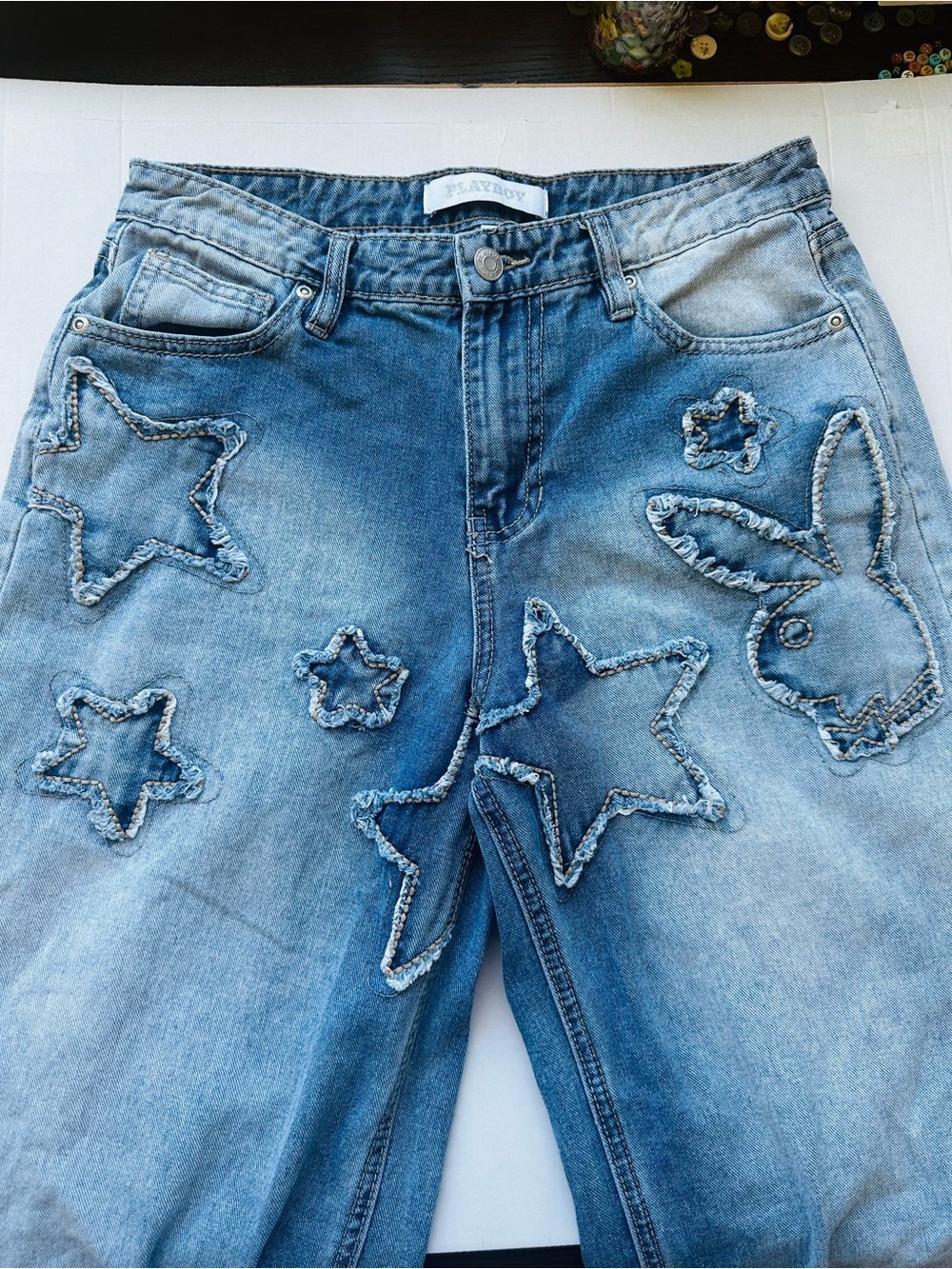 PLAYBOY Women's Light Blue Denim Jeans with Star & Bunny Appliqués